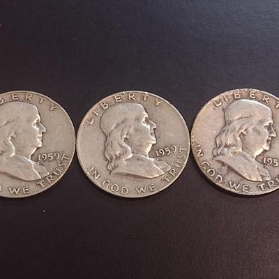 Set of Three 1959 Unmarked U.S. Mint Franklin Silver Half Dollars Circulated (29)