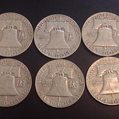 Set of Six 1960-D U.S. Mint Franklin Silver Half Dollars Circulated (30)