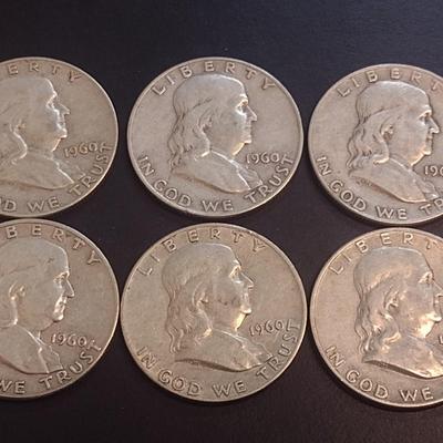 Set of Six 1960-D U.S. Mint Franklin Silver Half Dollars Circulated (30)