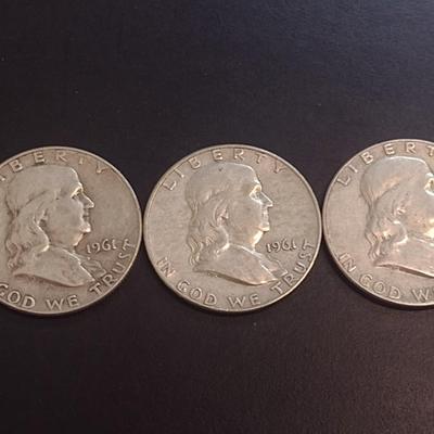 Set of Three 1961-D U.S. Mint Franklin Silver Half Dollars Circulated (31)