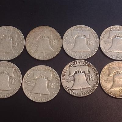 Set of Eight 1962-D, Unmarked U.S. Mint Franklin Silver Half Dollars Circulated (33)