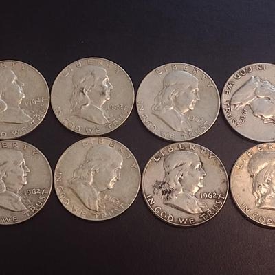 Set of Eight 1962-D, Unmarked U.S. Mint Franklin Silver Half Dollars Circulated (33)