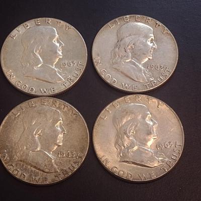 Set of Four 1963 Unmarked U.S. Mint Franklin Silver Half Dollars Circulated (34)