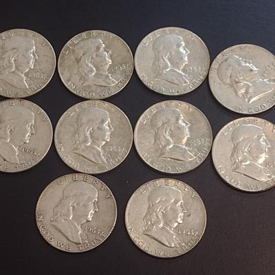 Set of Ten 1963-D, Unmarked U.S. Mint Franklin Silver Half Dollars Circulated (35)