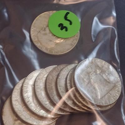 Set of Ten 1963-D, Unmarked U.S. Mint Franklin Silver Half Dollars Circulated (35)