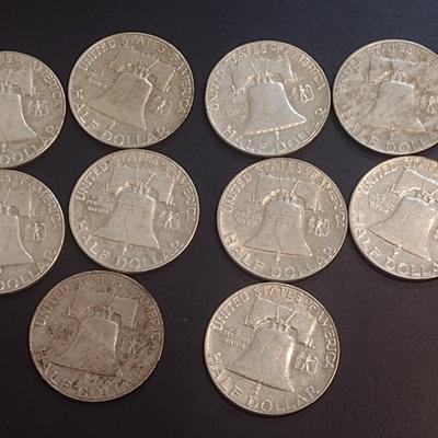 Set of Ten 1963-D, Unmarked U.S. Mint Franklin Silver Half Dollars Circulated (35)