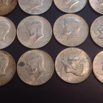 Set of 12 1965-1969 U.S. Mint Kennedy 40% Silver Half Dollars Circulated (37)