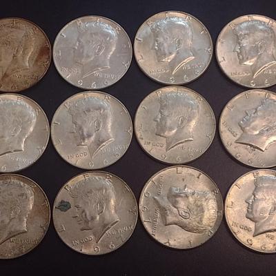 Set of 12 1965-1969 U.S. Mint Kennedy 40% Silver Half Dollars Circulated (37)