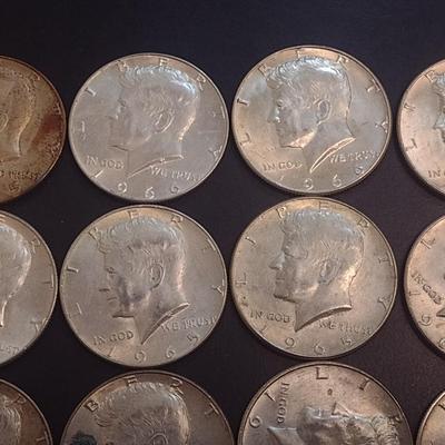 Set of 12 1965-1969 U.S. Mint Kennedy 40% Silver Half Dollars Circulated (37)
