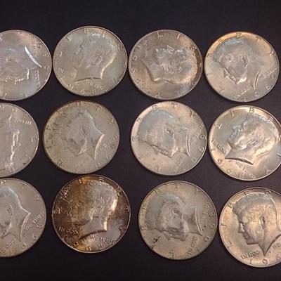 Set of 12 1965-1969 U.S. Mint Kennedy 40% Silver Half Dollars Circulated (38)