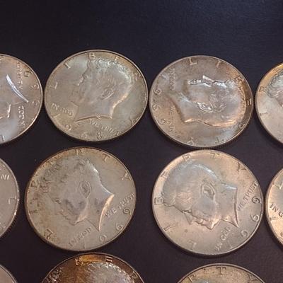 Set of 12 1965-1969 U.S. Mint Kennedy 40% Silver Half Dollars Circulated (38)
