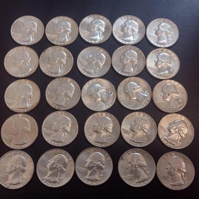 Set of 25 1964 U.S. Mint Washington Silver Quarters Circulated (40)