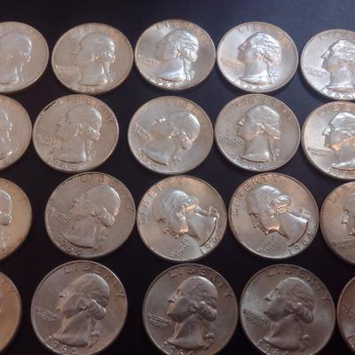 Set of 25 1964 U.S. Mint Washington Silver Quarters Circulated (40)