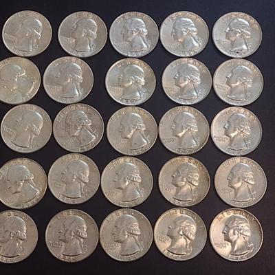 Set of 25 1964 U.S. Mint Washington Silver Quarters Circulated (41)