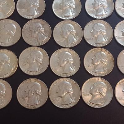 Set of 25 1964 U.S. Mint Washington Silver Quarters Circulated (41)