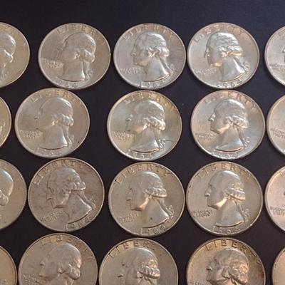 Set of 25 1964 U.S. Mint Washington Silver Quarters Circulated (41)