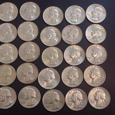 Set of 25 1964 U.S. Mint Washington Silver Quarters Circulated (42)