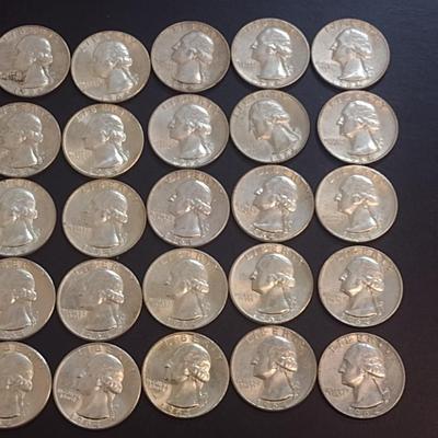 Set of 25 1964 U.S. Mint Washington Silver Quarters Circulated (43)
