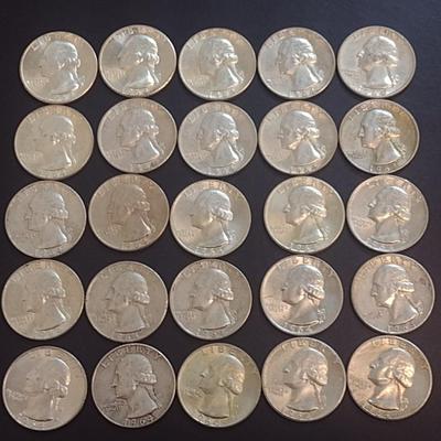 Set of 25 1964 U.S. Mint Washington Silver Quarters Circulated (44)