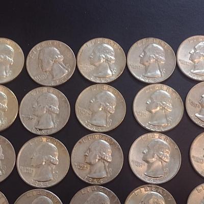 Set of 25 1964 U.S. Mint Washington Silver Quarters Circulated (45)