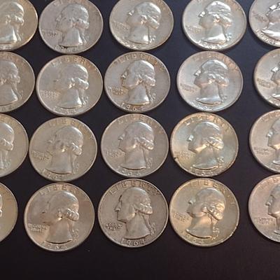 Set of 25 1964 U.S. Mint Washington Silver Quarters Circulated (45)