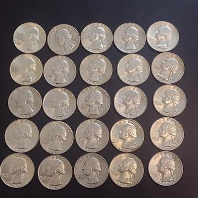 Set of 25 1964 U.S. Mint Washington Silver Quarters Circulated (45)