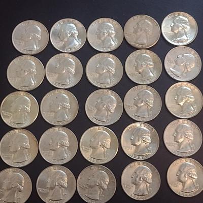 Set of 25 1964 U.S. Mint Washington Silver Quarters Circulated (46)