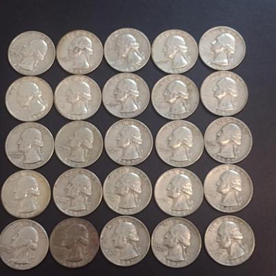 Set of 25 1960-63 U.S. Mint Washington Silver Quarters Circulated (48)