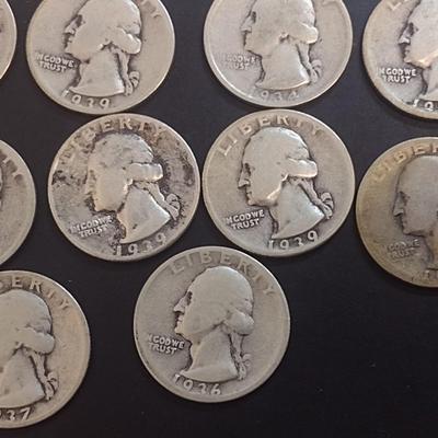 Set of 17 1934-39 U.S. Mint Washington Silver Quarters Circulated (50)