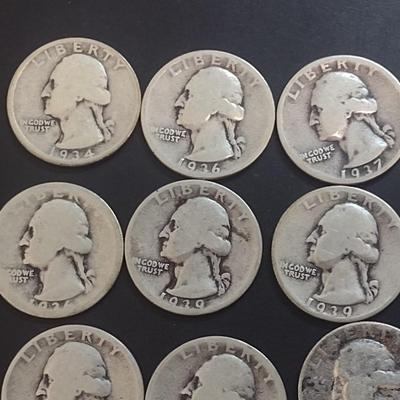 Set of 17 1934-39 U.S. Mint Washington Silver Quarters Circulated (50)