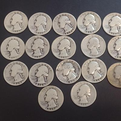 Set of 17 1934-39 U.S. Mint Washington Silver Quarters Circulated (50)