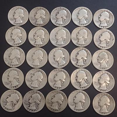 Set of 25 1940-49 U.S. Mint Washington Silver Quarters Circulated (51)