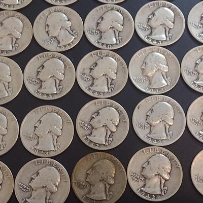 Set of 25 1940-49 U.S. Mint Washington Silver Quarters Circulated (52)