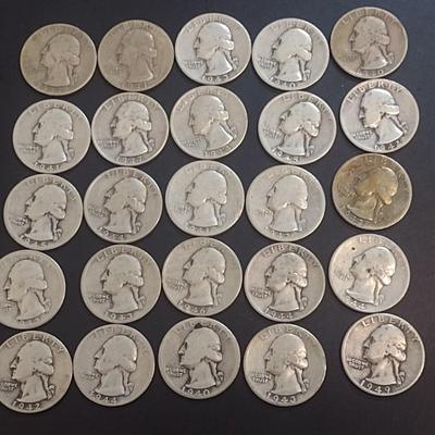 Set of 25 1940-49 U.S. Mint Washington Silver Quarters Circulated (53)
