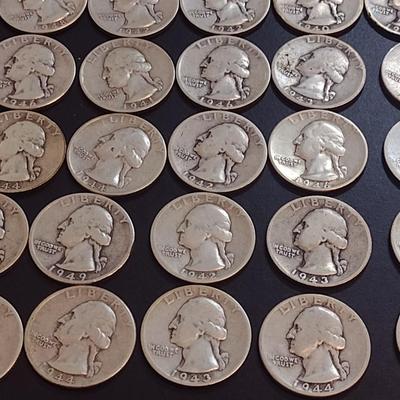 Set of 25 1940-49 U.S. Mint Washington Silver Quarters Circulated (54)