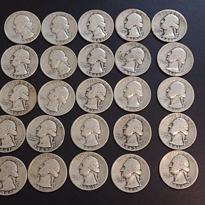 Set of 25 1940-49 U.S. Mint Washington Silver Quarters Circulated (54)