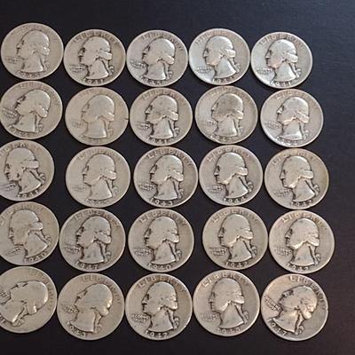 Set of 25 1940-49 U.S. Mint Washington Silver Quarters Circulated (55)