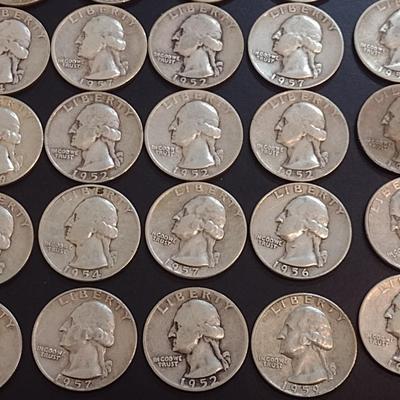 Set of 25 1950-59 U.S. Mint Washington Silver Quarters Circulated (56)