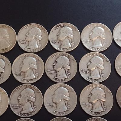 Set of 25 1950-59 U.S. Mint Washington Silver Quarters Circulated (56)