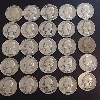 Set of 25 1950-59 U.S. Mint Washington Silver Quarters Circulated (56)