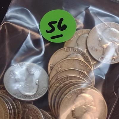 Set of 25 1950-59 U.S. Mint Washington Silver Quarters Circulated (56)