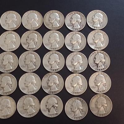 Set of 25 1950-59 U.S. Mint Washington Silver Quarters Circulated (57)