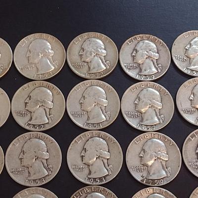 Set of 25 1950-59 U.S. Mint Washington Silver Quarters Circulated (57)