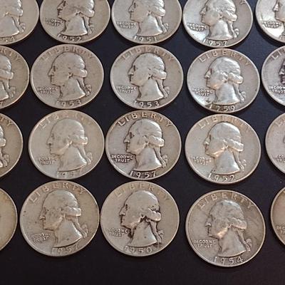 Set of 25 1950-59 U.S. Mint Washington Silver Quarters Circulated (57)