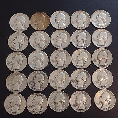 Set of 25 1950-59 U.S. Mint Washington Silver Quarters Circulated (58)