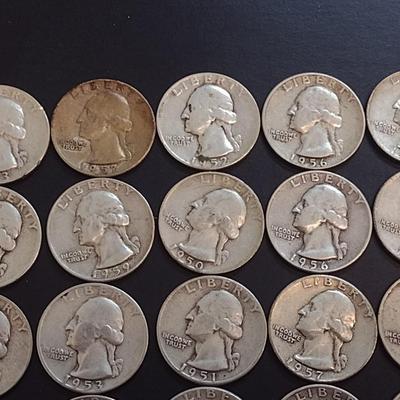 Set of 25 1950-59 U.S. Mint Washington Silver Quarters Circulated (58)