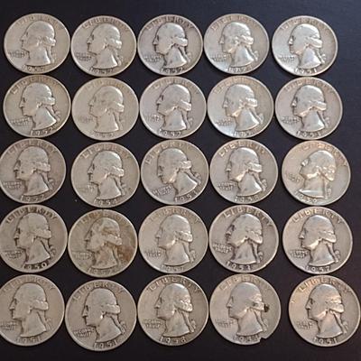 Set of 25 1950-59 U.S. Mint Washington Silver Quarters Circulated (59)
