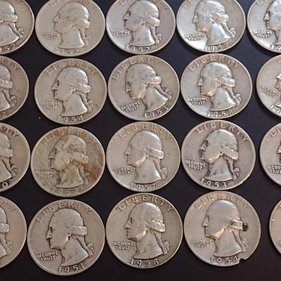Set of 25 1950-59 U.S. Mint Washington Silver Quarters Circulated (59)