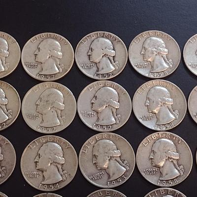 Set of 25 1950-59 U.S. Mint Washington Silver Quarters Circulated (59)