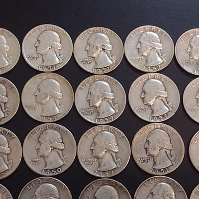 Set of 25 1950-59 U.S. Mint Washington Silver Quarters Circulated (60)